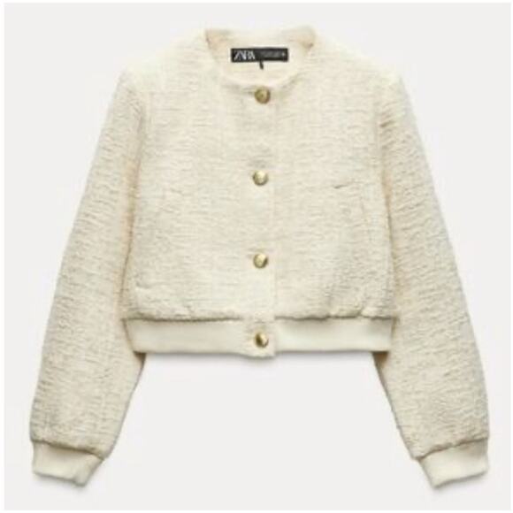 Zara Weave Bomber Jacket in Cream Size Small - Picture 6 of 11